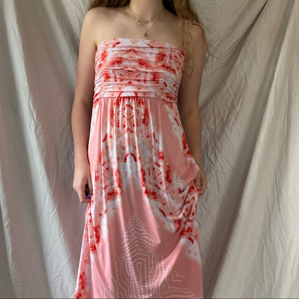 Vintage Y2K summer dress pink strapless size medium Midi cute Flowy backless